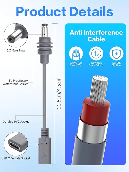 YACSEJAO USB C to DC Cable for Starlink Mini 10CM/3.9Inch USB Type C Famele to DC Extension Cord Compatible with 65W Power Bank/Charger Block