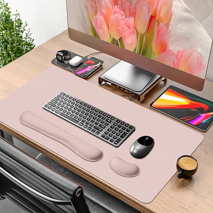 Mouse Pad and Keyboard Wrist Rest, Large Keyboard and Mouse Pad Set, Ergonomic Mousepad with Wrist Rest, Non-Slip Desk Mat Protector for Office, Home (35.4×15.7 Inches, Pink)