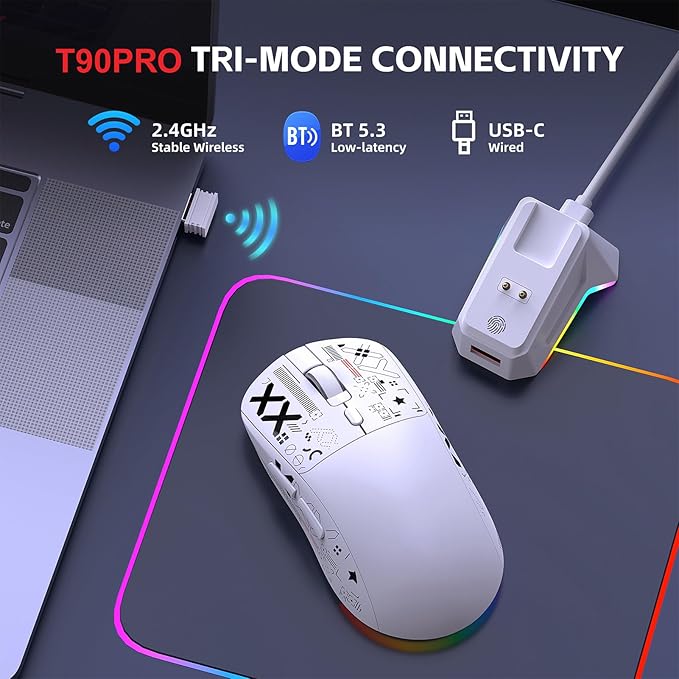 Wireless Gaming Mouse RGB Light, 3 Mode Wired 2.4G BT5.3 12000 DPI 7 Programmable Buttons, Magnetic Charging Dock for PC Laptop Gaming (White)