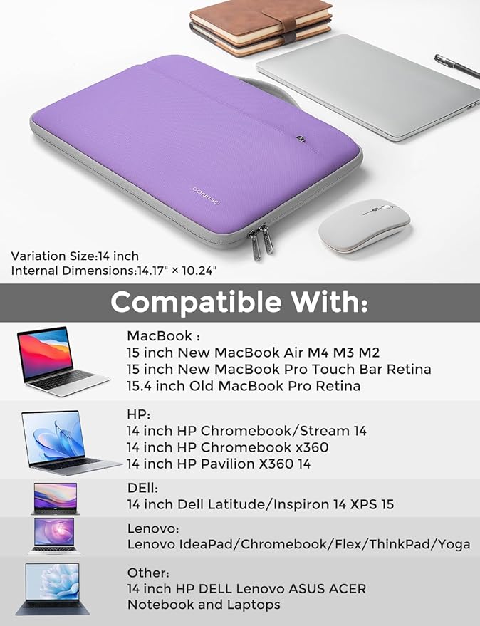 DOMISO 14 inch Laptop Case Sleeve Protective Cover Compatible with 15 inch MacBook Air M4 M3 M2,MacBook Pro,14-15 inch HP Dell ASUS Lenovo Chromebook,Waterproof Computer Cases Bag with Handle,Purple