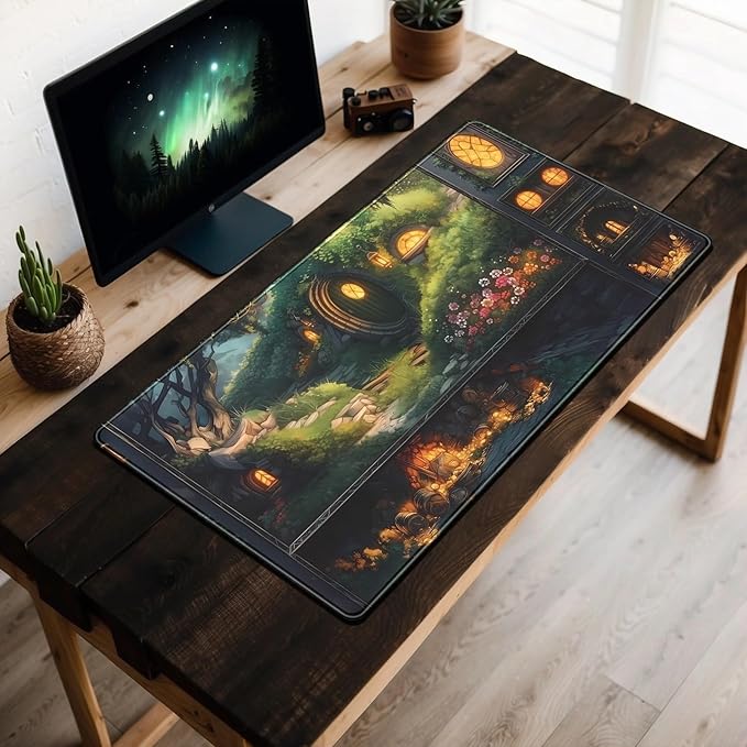 Cute Anime Large Gaming Mouse Pad Green Middle Earth Desk Mat Playmat Extended Mousepad XXL Desk Pad Computer Laptop Keyboard Pad Long Big Mouse Mat Office Decor Accessories 31.5x15.7 in