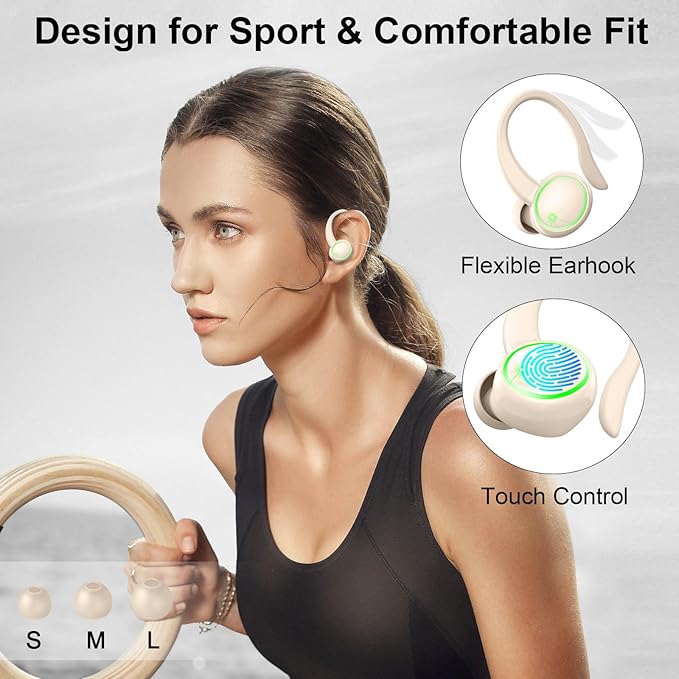 Wireless Earbuds, Bluetooth Headphones Sports, Deep Bass Earphones Gym Running, IP7 Waterproof Headset with Earhook Workout, 50H Playback Over-Ear Buds with ENC Noise Cancelling Mic