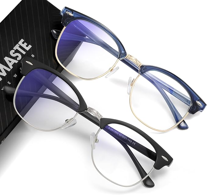 Blue Light Blocking Glasses Vintage Half Frame UV Clear Lens Anti Eyestrain Computer Gaming Glasses for Women Men(P55)
