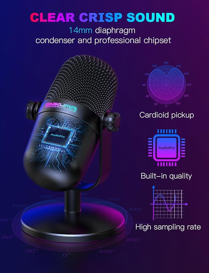 Gaming Microphone with Noise Cancellation & Mute Button, USB Condenser Mic for Streaming/Recording, Ultra-Compact Design, Compatible with PC/Mac/PS4/PS5, Podcast/YouTube/Twitch/Discord (Black)