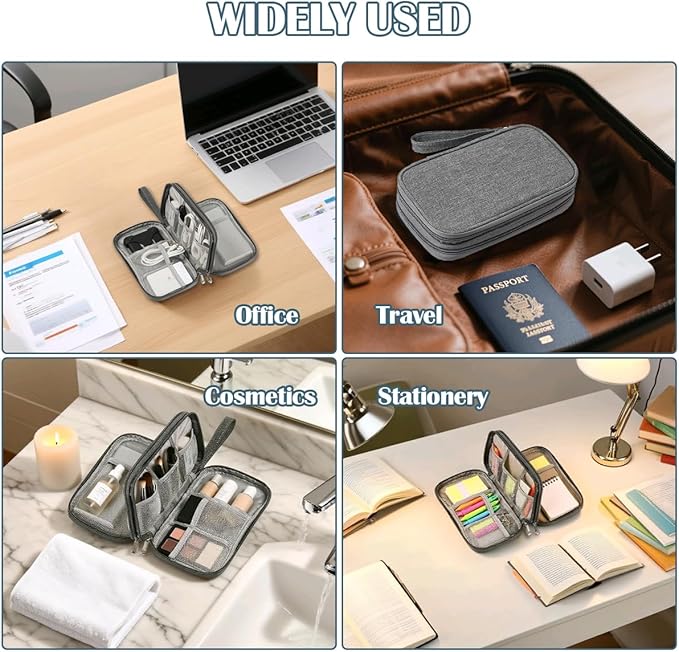 ULLiaN Electronics Travel Organizer Case, Double Layers Tech Pouch Accessories Cord Storage Bag with 2 PCS Data Silicone Ties Portable Cable Bags for Charger Phone Power Bank Sd Card Cables, Grey