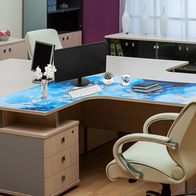 L Shaped Desk Mat for Corner, Large Extended Mouse Pad with Non-Slip Rubber Base, Blue Waterproof Desk Protector for Office & Gaming Setup