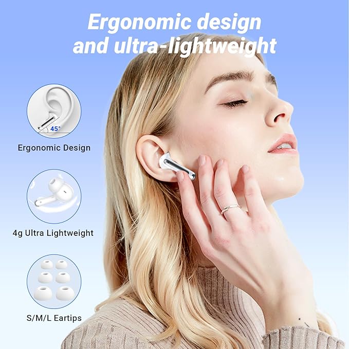Wireless Earbuds Bluetooth 5.4 Headphones HiFi Stereo 42H Playback in Ear with 4 ENC Noise Cancelling Mic, IPX7 Waterproof and LED Battery Display Screen for Running Fitness Office Ear Buds in White