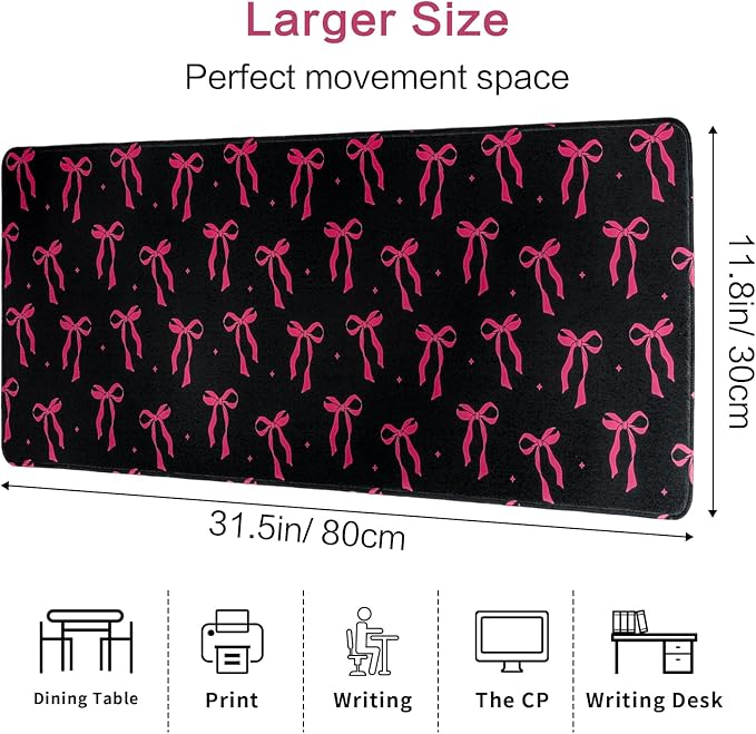 Large Gaming Mouse Pad 31.5 x 11.8in Desk Mat for Office Mousepad Anti-Skid Rubber Base Soft Comfortable and Durable Desk Pad (Black Bow)
