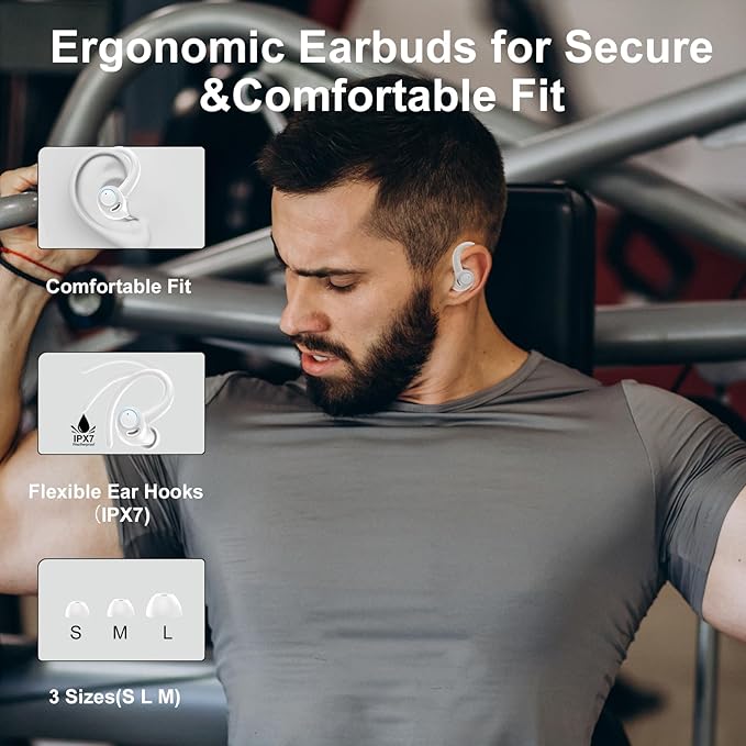 Wireless Earbuds Bluetooth 5.3 Headphones Sports, 48H Over Ear Buds with ENC Mic, Stereo Deep Bass Bluetooth Earbuds with Secure Earhooks, LED Display, IPX7 Waterproof Earphone for Running/Gym White