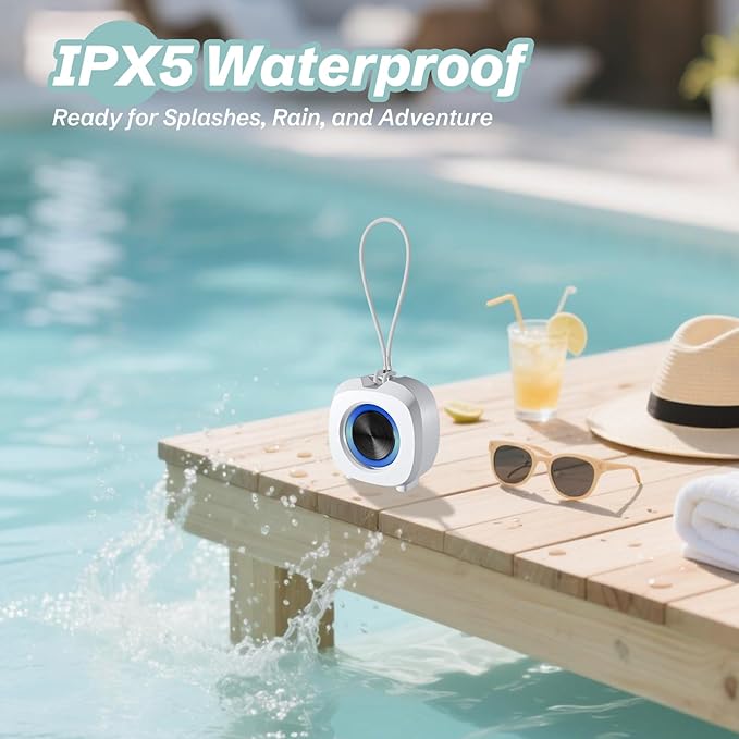 Speaker, Small Portable Bluetooth Wireless IPX5 Waterproof Shower Speaker,Loud Stereo Sound Deep Bass,Dual Pairing, RGB Lights,Long Playtime for Outdoor Party, Great Gift,1PC (White)