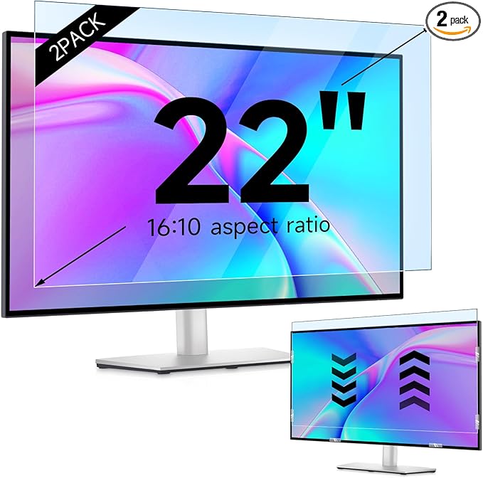 IPROKKO 2 Pack 22 inch Anti-Blue Light Monitor Screen Protector for 16:10 Widescreen, Removable Anti Glare Blue Light Blocking Screen Filter, Anti-UV Eye Protection PC Computer Film [Washable Wipes Clean]