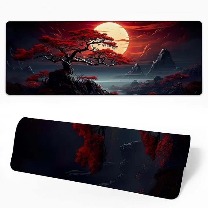 Desk Pad Darkness Red Moon Desk Mat for Keyboard and Mouse, Large Mousepad with Stitched Edges for Work Game Office, 31.5 x 11.8 in