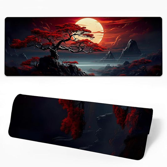 Desk Pad Darkness Red Moon Desk Mat for Keyboard and Mouse, Large Mousepad with Stitched Edges for Work Game Office, 31.5 x 11.8 in