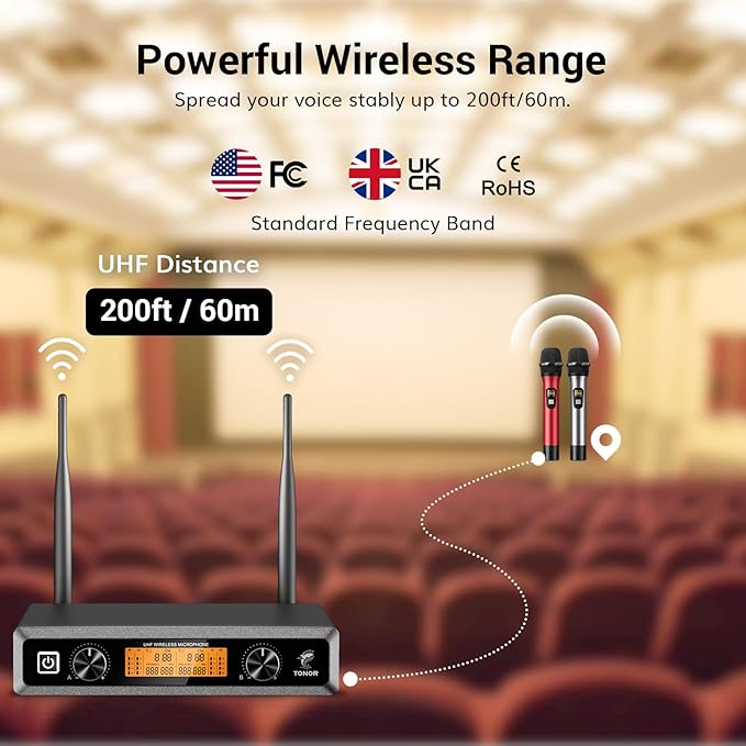 TONOR Wireless Microphones System, 2 * 15 Channel Metal Professional UHF Cordless Dynamic Handheld Mics with Receiver for Home Karaoke, Meeting, Party, Church, Wedding, KTV, 60 m/200ft, TW-820 Silver