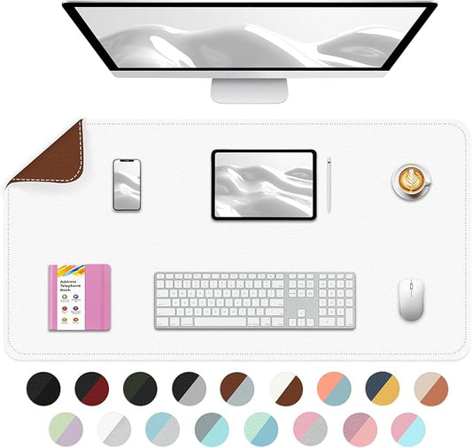 Bleswin Multifunctional Large Desk Mat, Double Sided Computer Desk pad, Extended Mouse Mat, Office Desk Protector with Waterproof PU Leather, 35.4''×16.9'', Office Home Writing Pad (White+Brown)