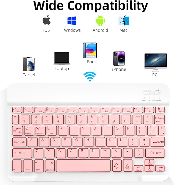 XIWMIX Ultra-Slim Wireless Bluetooth Keyboard-7 Colors Backlit Universal Rechargeable Portable Keyboard for iPad 10th/9th/8th/iPad Pro/Air/Mini/Galaxy Tablet & Other iOS Android Windows Devices-Pink