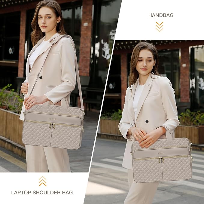 MOSISO 13-14 inch Laptop Bag, Laptop Briefcase Messenger Compatible with MacBook Neo 13 inch/Air 13.6/13 /Pro 13/14, Square Quilted Computer Bag Work Office Business with 3 Pockets&Strap, Taupe Brown
