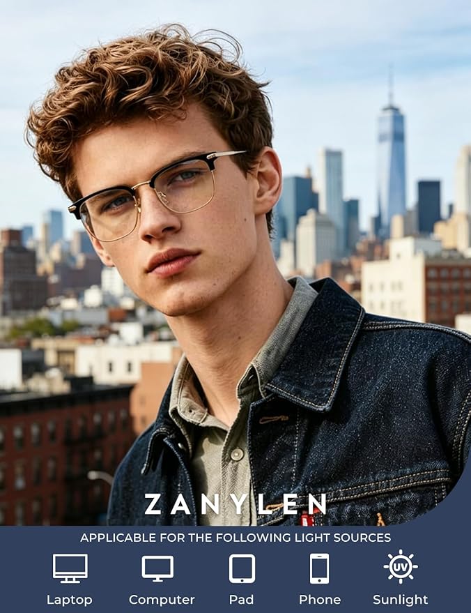 ZanyLen Blue Blocker Glasses for Men Metal Browline Computer Gaming Glasses Filter Blue Ray