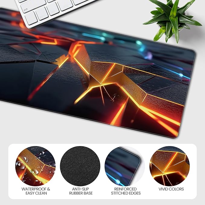 Large Gaming Mouse Pad, Abstract Geometric Orange and Blue Pattern, Extended 35.4 x 15.7 Inches, Non-Slip Rubber Base, Stitched Edges, XXL Desk Mat