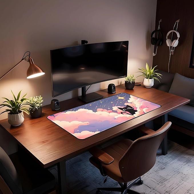 Anime Desk Mat,Pink Purple Clouds Mouse Mat Desk Pad, Cute Black Cat Game Mousepad, Full Deskmat, Extended Computer Desk Keyboard Mat, for Women Office Desktop Decor Aesthetics 31.5"X15.7"