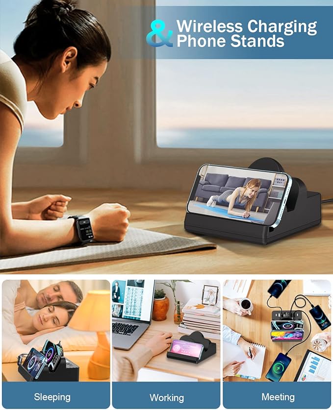Wireless Charging Station with 6 USB Ports, 8 in 1 15W Dual Wireless Charger Station, 2 QC/2 PD USB Fast Charging Station, 80W Phone Charger for iPhone14/13/12/11/X/Samsung/Android/iWatch