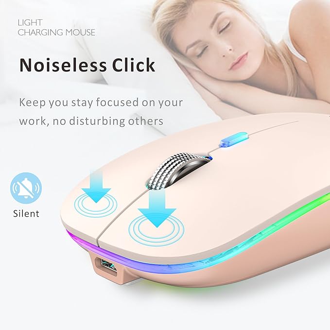 Uiosmuph LED Wireless Mouse, G12 Slim Rechargeable Silent Mouse, 2.4G Portable USB Optical Wireless Computer Mice with USB Receiver and Type C Adapter (Nude Pink)