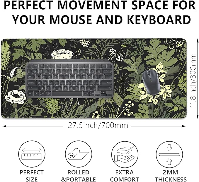 Sage Green Floral and Plant Desk Pad Mouse Pad,Large Gaming Floral Mouse Mat with Stitched Edges,Non-Slip Waterproof Rubber Base Mousepad for Office Work Home Desk Mat(27.5X11.8 in)
