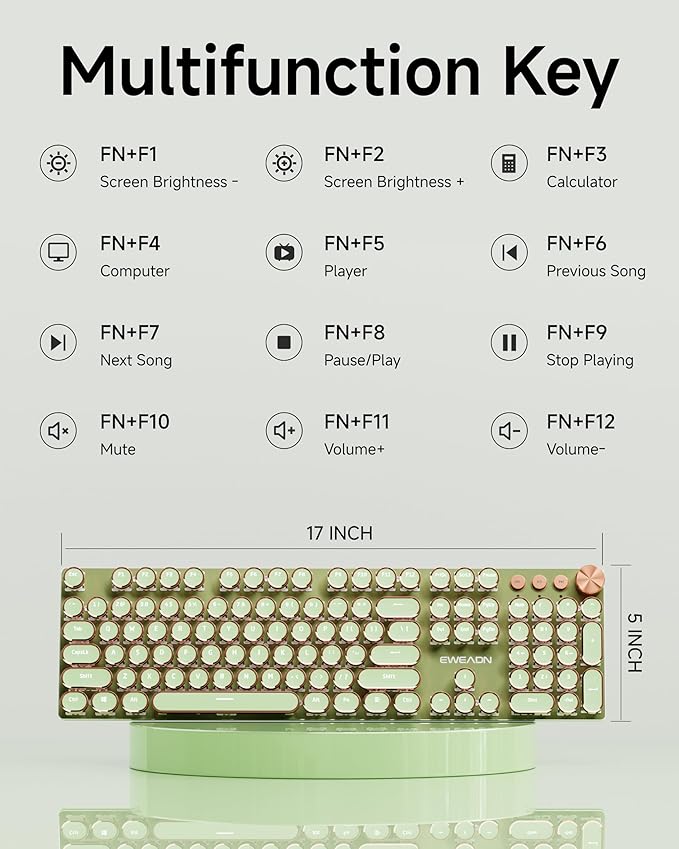 EWEADN V20 Typewriter Keyboard Wireless, 104 Keys Typewriter Style Mechanical with White Backlit, Media Knob, Pink Switch 2.4G/Bluetooth/USB-C Wired Retro Full Size Keyboard for Windows/Mac/PC-Green
