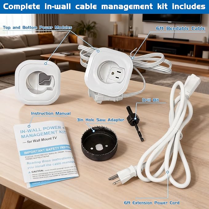 in Wall Cable Management Kit,All-in-One Voltage Adapted Cable Organizer, Streamline Wires for Living Room/Office | Easy Install Wall Wire Hider, with Drill Hardware in Wall Cable Management - Image 4