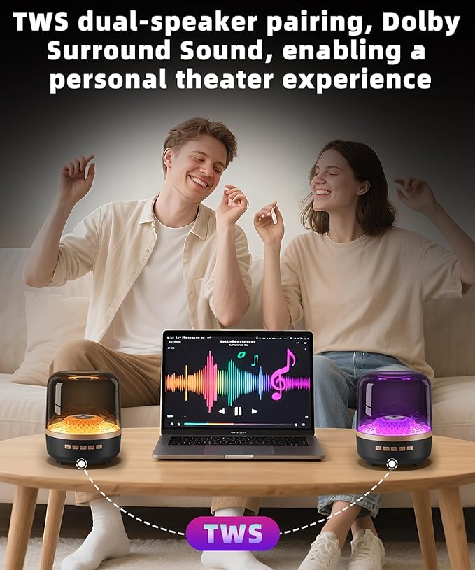 Bluetooth Speaker with HD Sound and Lights, Portable Wireless, Long-lasting battery life, TWS Pairing, for Home/Party/Outdoor/Travel/Beach, Stocking Stuffers, White Elephant Gifts for Adults (Black)