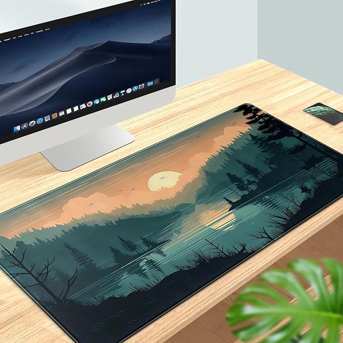 Sunset Lake Desk Mat Scenic Forest Large Mouse Pad Extended Gaming Mousepad XXL Green Pine Color Mountain Nature Keyboard Pad Sunset Mountains Landscape Big Mouse Mat Desk Decor 31.5x15.7 in