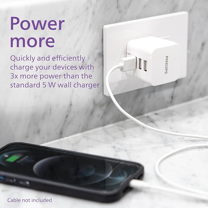 Philips iPhone USB Wall Charger Block, 17W 3-Port USB A Charging Block for iPhone 14, 13, 12 Series, iPad Power Adapter Cube, Foldable Plug Charging Box, DLP2408/37