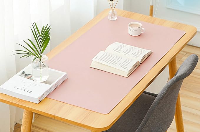 Dual Sided PU Leather Desk Pad, Mouse Pad, Office Desk Mat, Non-Slip Laptop Desk Pad, Waterproof Desk Writing Pad for Office and Home (35.4" x 17.7", Pink+Silver)