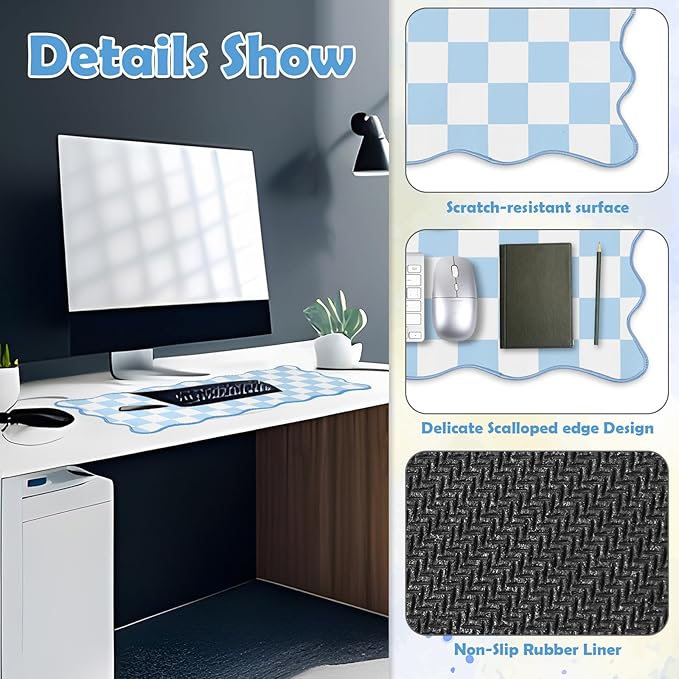 1 Pcs Blue Scalloped Checkered Desk Mat 31.5 x 11.8 Inch Large Cute Mouse Pad Computer Mat Non Slip Waterproof Rubber Base with Border Stitching Soft Keyboard Pad for Home Office Gaming Makeup