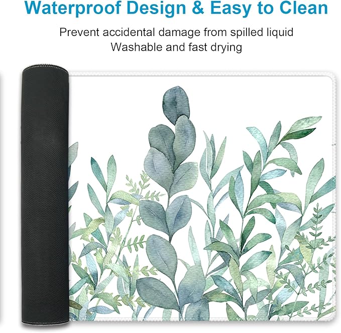 XXL Waterproof Office Desk Pad Protector 35.4x15.7 Inch - Extended Gaming Mouse Pad with Non-Slip Rubber Base, Thickened Keyboard Mat, Stitched Edges & Green Plants Design