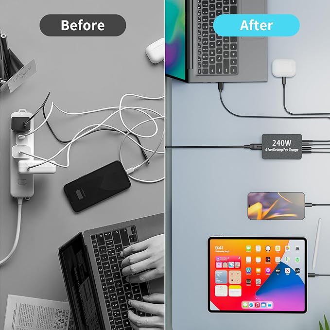 240W USB C Charger Block, 4 Port USB Fast Charging Station 100W Laptop Power Adapter for MacBook, Laptop, Tablet, iPad, iPhone, Cell Phone Multiple Devices Charging Station, Type C Charger