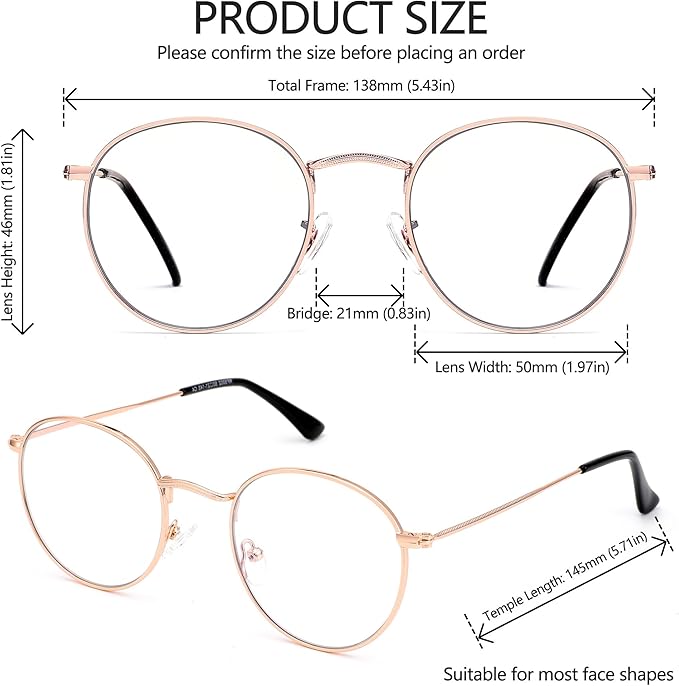 Round Blue Light Blocking Glasses for Men Women, Circle Metal Wire Rimmed Frame Glasses Anti Glare & UV RF5002