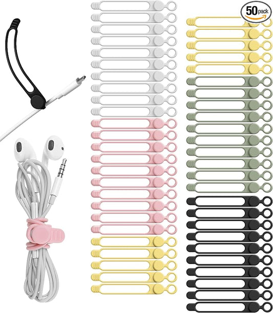 Nearockle 50Pcs Silicone Cable Ties Cord Organizer for Bundling Earphone, Phone Charger, Computer Cords, Reusable Cable Ties Wire Organizer in Home,Office,Kitchen,School (5 Colors) by ELECTRONICSORGANIZATION
