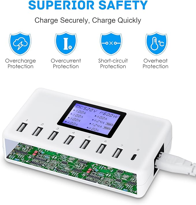 60W 12A 8-Port USB Charging Station - Multi Port USB Hub Charger with LCD Display - Compatible with iPhone, iPad, Samsung, Kindle, Tablet, Bluetooth Earbuds and More