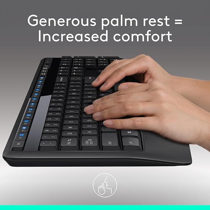 Logitech MK345 Wireless Keyboard and Mouse Combo with Palm Rest, 2.4 GHz USB Receiver, Compatible with PC, Laptop, Black