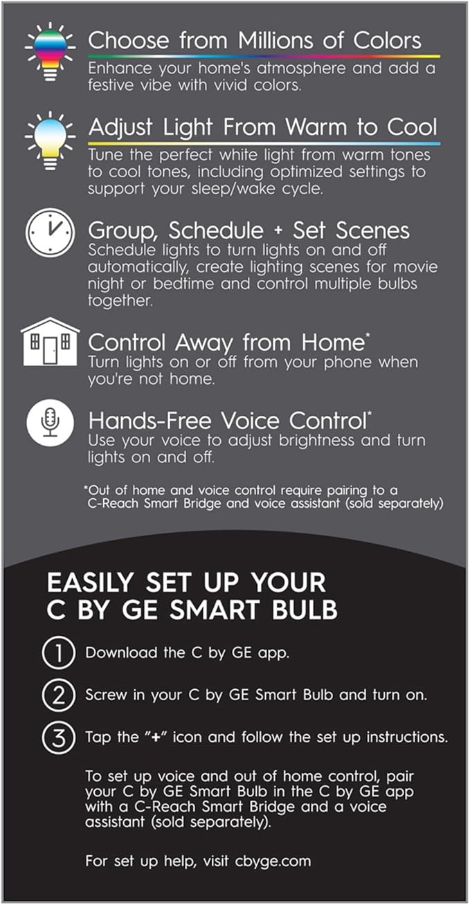 GE CYNC Smart LED Light Bulb, Full Color, Bluetooth Enabled, Alexa and Google Home Compatible,White, (1 Pack), Packaging May Vary
