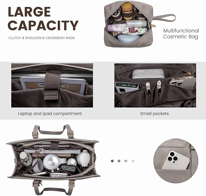 LOVEVOOK Laptop Bag for Women Vintage Leather Laptop Tote 15.6 inch Large Capacity Computer bag with Clutch Purse for Work