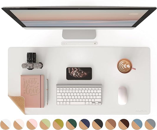RENMTURE Dual-Sided Mouse Pad, Natural Cork & PU Leather Large Desk Pad for Office and Home Work, Desk Protector Non-Slip, Waterproof, Easy Clean (White, 36"x17")