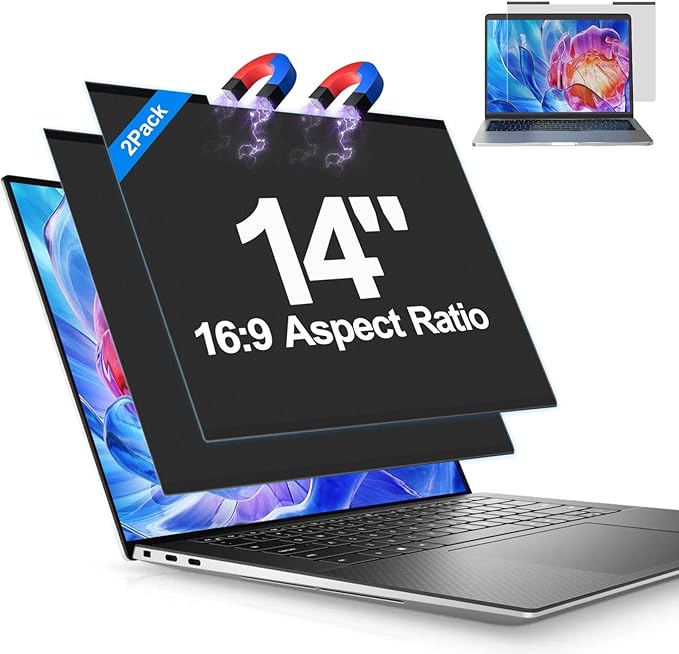 2Pack Magnetic Laptop Privacy Screen Filter 14 inch for 16:9 Widescreen Computer Monitor, Removable Anti Blue Light Privacy Shield, Anti-Glare Protector