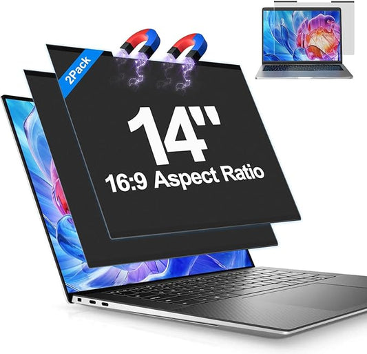 2Pack Magnetic Laptop Privacy Screen Filter 14 inch for 16:9 Widescreen Computer Monitor, Removable Anti Blue Light Privacy Shield, Anti-Glare Protector