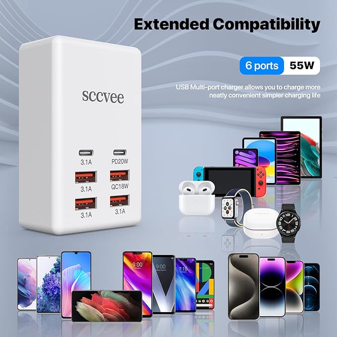 USB C Charger, 55W 6-Port USB Charger Holder Multi-USB Charging Station Desktop Multi-Port USB Charger 2-USB C +4-USB A Compatible with iPhone/Google/Xiaomi/Oppo/Tablet etc.