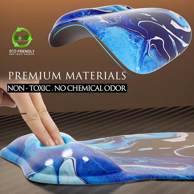 MROCO Ergonomic Mouse Pad with Gel Wrist Rest, Smooth Wrist Support Surface, Non-Slip PU Base for Pain Relief, Comfortable Mousepad for Computer, Laptop, Office & Home, 9.4 x 8.1 in, Blue Waves
