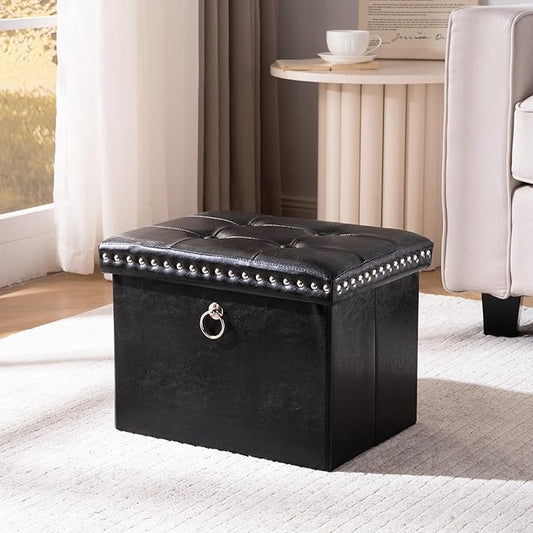 oakvivo Small Storage Ottoman Foot Rest Stool, 16x12x12 in Foldable Leather Footstool Storage Bench with Rivet Design, Thicker Foam Padded Seat, Footrest Under Desk for Living Room Bedroom, Black