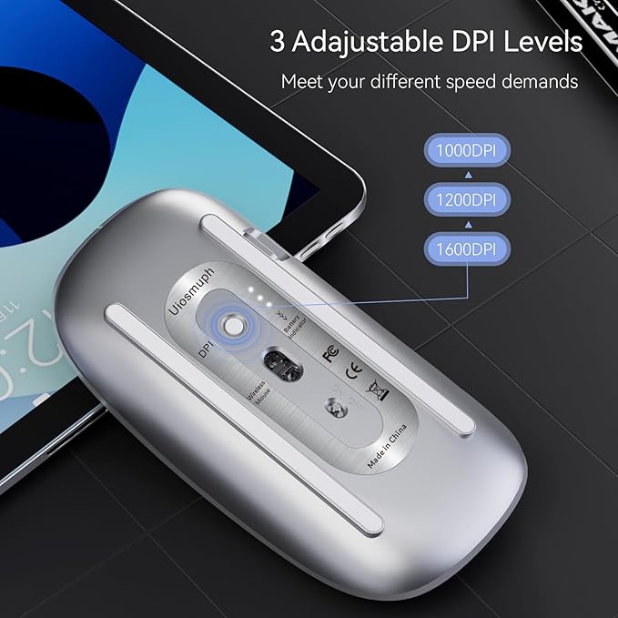 Uiosmuph G11 Wireless Mouse, USB C Rechargeable Computer Mouse, Slim Silent Mice 2.4GHz Optical with USB Nano Receiver and Type C Receiver for Laptop/Mac/PC - Silver