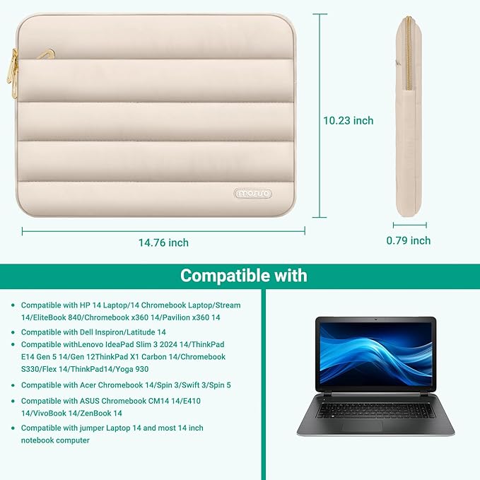MOSISO Laptop Case 14 inch, 14 inch Puffy Laptop Sleeve Compatible with HP Lenovo Dell ASUS Acer, HP Stream, Dell Latitude, Lenovo IdeaPad, Polyester Horizontal Bag with Small Case, Sand